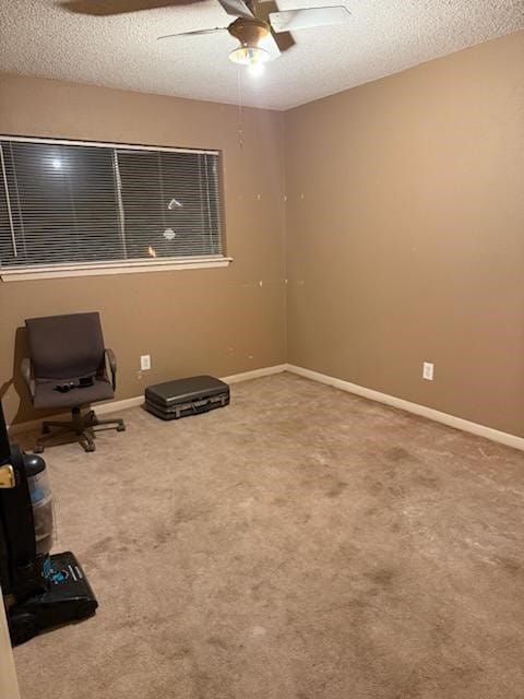 interior space with carpet flooring, ceiling fan, and a textured ceiling