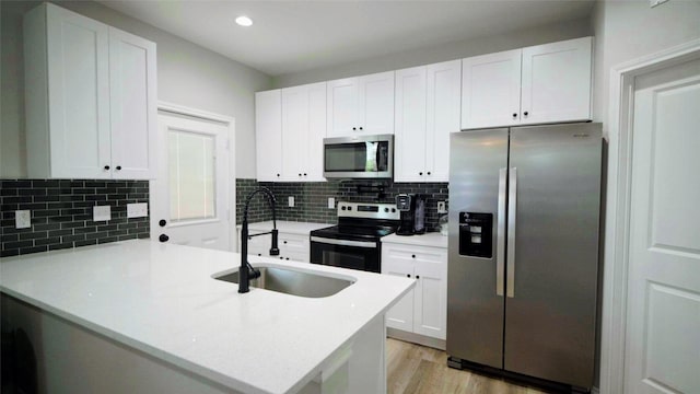 kitchen featuring white cabinetry, kitchen peninsula, sink, and appliances with stainless steel finishes