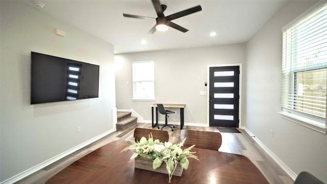 foyer featuring hardwood / wood-style floors, ceiling fan, and a healthy amount of sunlight