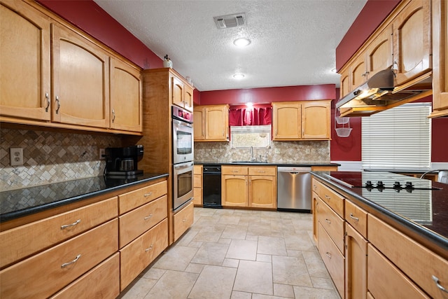 kitchen with sink, a textured ceiling, appliances with stainless steel finishes, and decorative backsplash