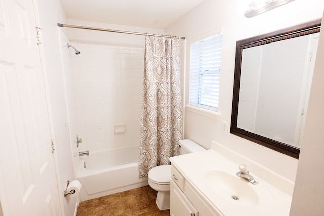 full bathroom featuring vanity, toilet, and shower / tub combo with curtain