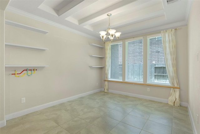 tiled spare room featuring beamed ceiling, ornamental molding, and a notable chandelier