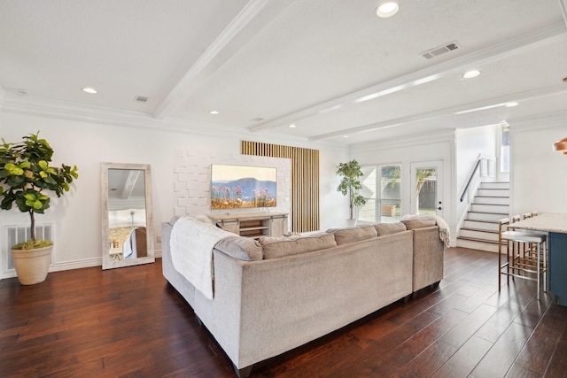 living room featuring beam ceiling, dark hardwood / wood-style flooring, and ornamental molding