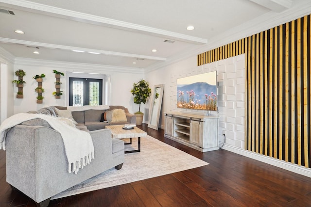 living room with beam ceiling, crown molding, and dark wood-type flooring