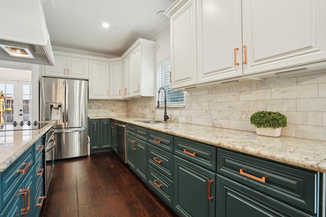 kitchen with backsplash, sink, appliances with stainless steel finishes, dark hardwood / wood-style flooring, and white cabinetry