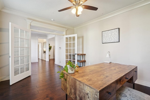 office space featuring french doors, dark hardwood / wood-style flooring, ceiling fan, and crown molding