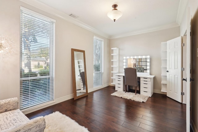 office featuring dark hardwood / wood-style flooring and crown molding