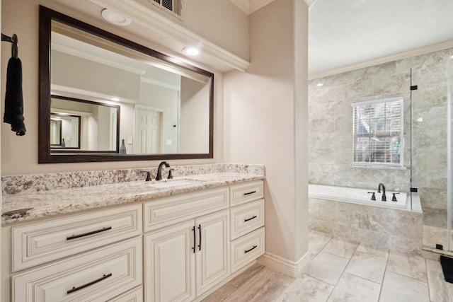 bathroom featuring crown molding, vanity, and plus walk in shower