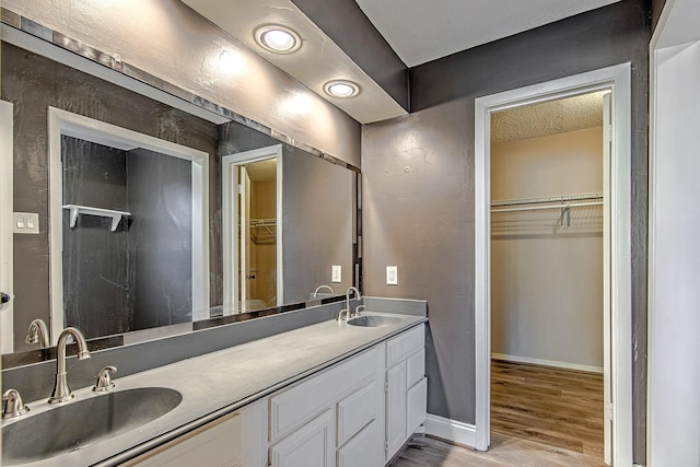 bathroom with vanity and hardwood / wood-style flooring