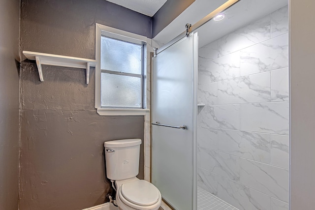 bathroom with plenty of natural light, toilet, and a shower with door