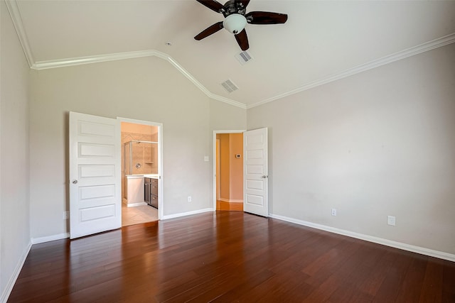 unfurnished bedroom featuring lofted ceiling, crown molding, ceiling fan, connected bathroom, and wood-type flooring