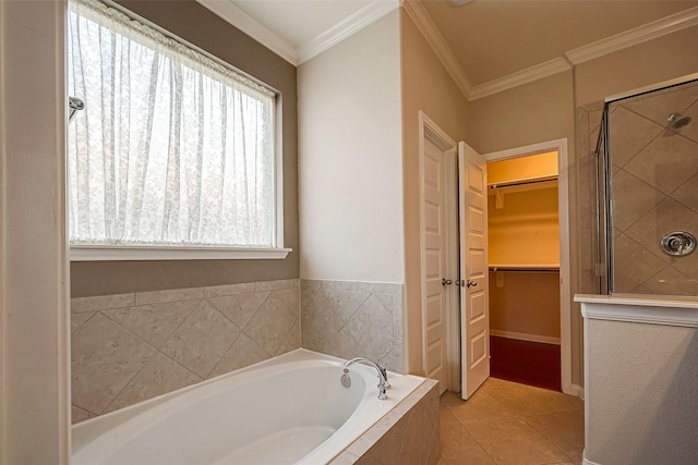 bathroom with plus walk in shower, tile patterned floors, and crown molding