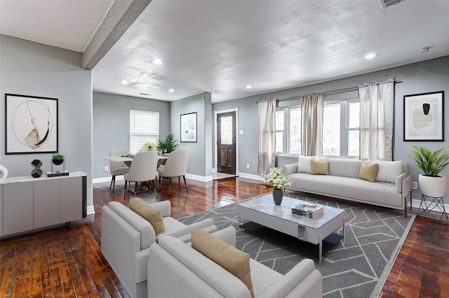 living room featuring a textured ceiling, a healthy amount of sunlight, and dark hardwood / wood-style floors