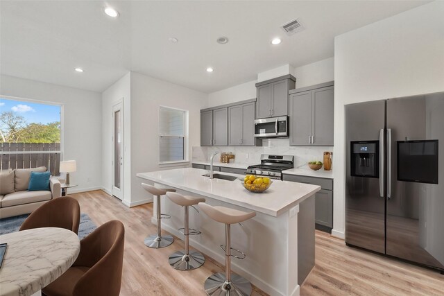 kitchen with a kitchen island with sink, sink, gray cabinetry, and appliances with stainless steel finishes