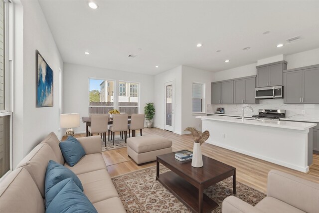 living room featuring sink and light hardwood / wood-style floors