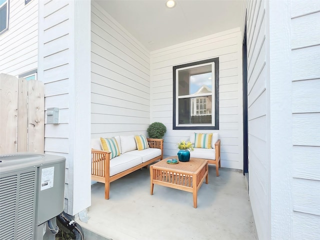 view of patio featuring central AC and an outdoor living space