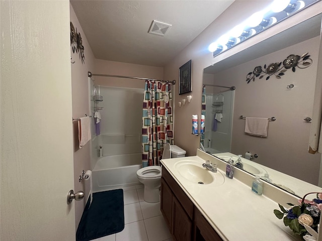 full bathroom with tile patterned floors, vanity, toilet, and shower / tub combo with curtain