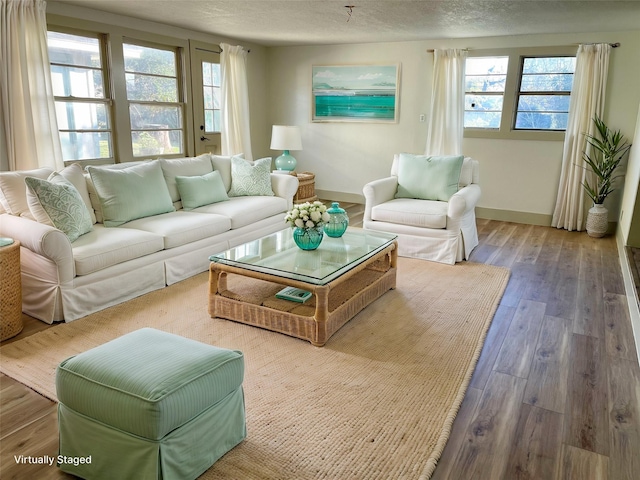 living room featuring hardwood / wood-style flooring and a textured ceiling