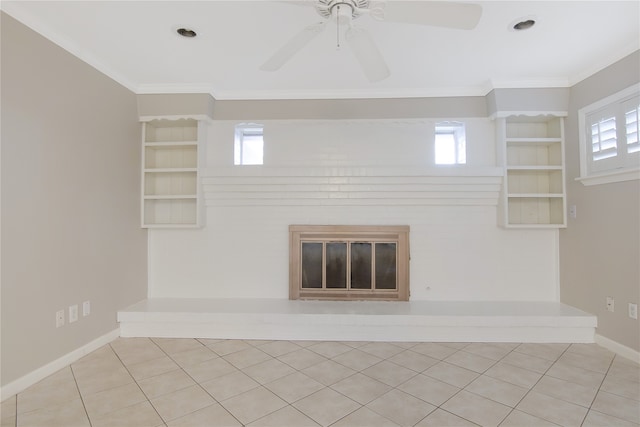 unfurnished living room with ceiling fan, built in features, light tile patterned floors, and a brick fireplace