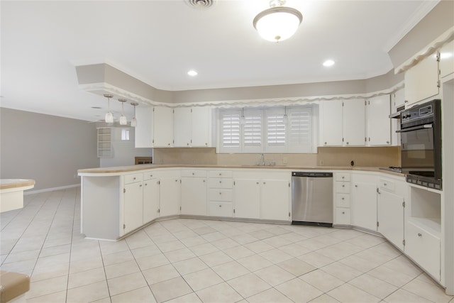 kitchen featuring dishwasher, backsplash, oven, decorative light fixtures, and white cabinets