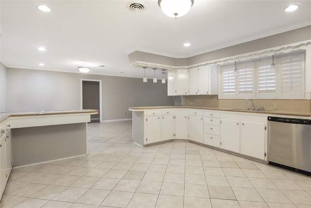 kitchen with dishwasher, kitchen peninsula, white cabinetry, and sink