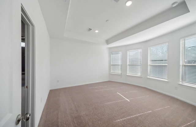 spare room featuring carpet flooring and a raised ceiling