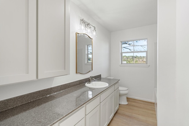 bathroom with hardwood / wood-style floors, vanity, and toilet