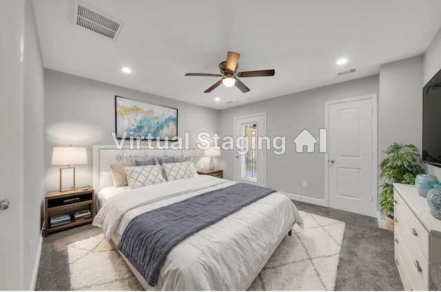 carpeted bedroom featuring ceiling fan