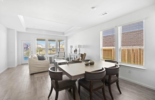 dining room featuring a tray ceiling and hardwood / wood-style flooring