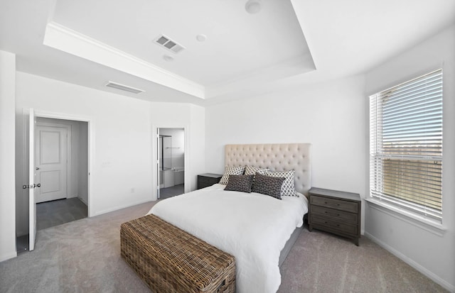 bedroom featuring a tray ceiling and light colored carpet