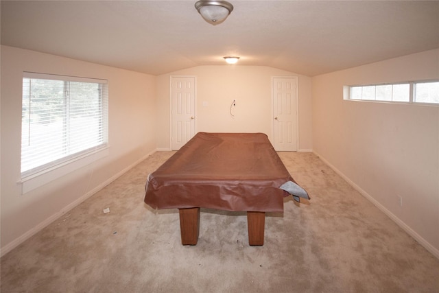 recreation room with carpet flooring, lofted ceiling, and pool table