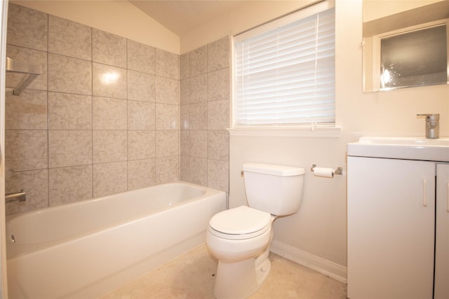 full bathroom featuring tiled shower / bath combo, tile patterned flooring, lofted ceiling, toilet, and vanity