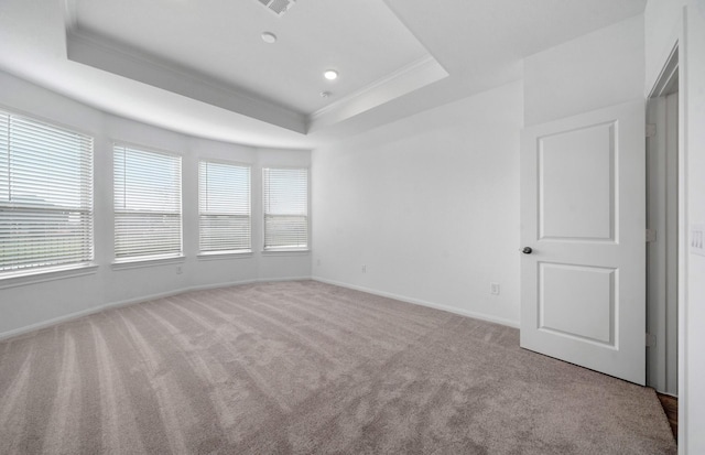 unfurnished room featuring crown molding, a raised ceiling, and light carpet