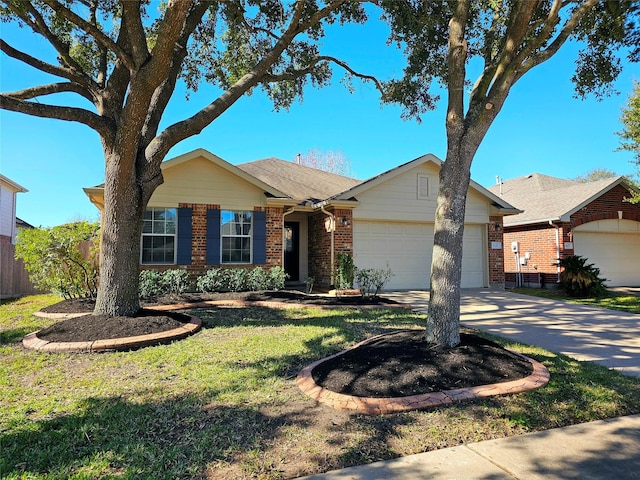 ranch-style house with a front yard and a garage