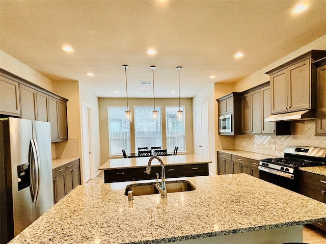 kitchen featuring sink, stainless steel appliances, tasteful backsplash, an island with sink, and decorative light fixtures