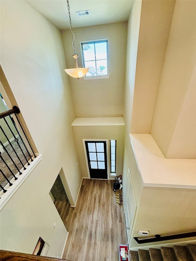 foyer entrance with a towering ceiling and hardwood / wood-style flooring