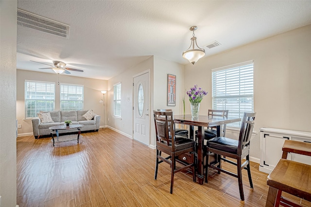 dining area featuring ceiling fan, light hardwood / wood-style floors, a textured ceiling, and a wealth of natural light