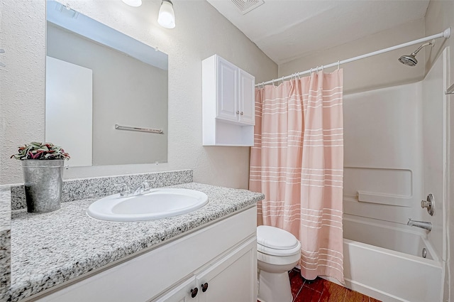 full bathroom featuring vanity, shower / bath combination with curtain, toilet, and wood-type flooring