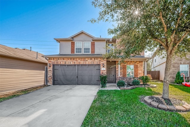 view of property with a garage and a front yard