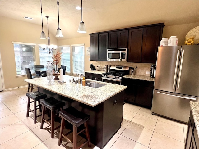 kitchen with sink, hanging light fixtures, decorative backsplash, an island with sink, and stainless steel appliances