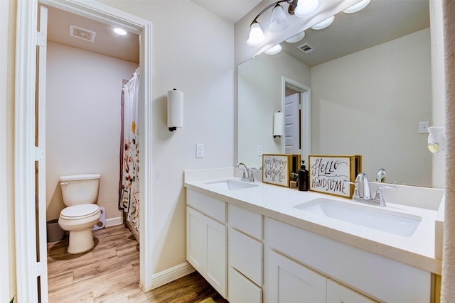 bathroom with wood-type flooring, vanity, and toilet