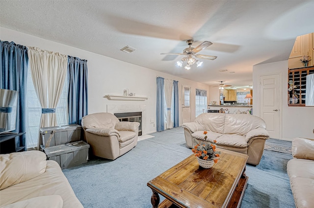 carpeted living room with a textured ceiling