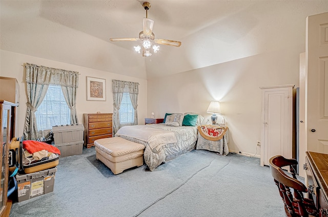 bedroom featuring carpet flooring, ceiling fan, and lofted ceiling