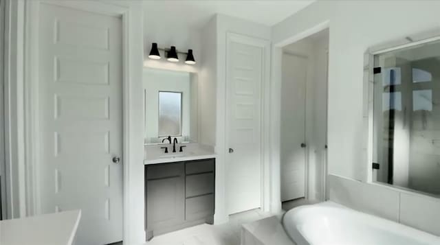 bathroom featuring vanity and tiled bath