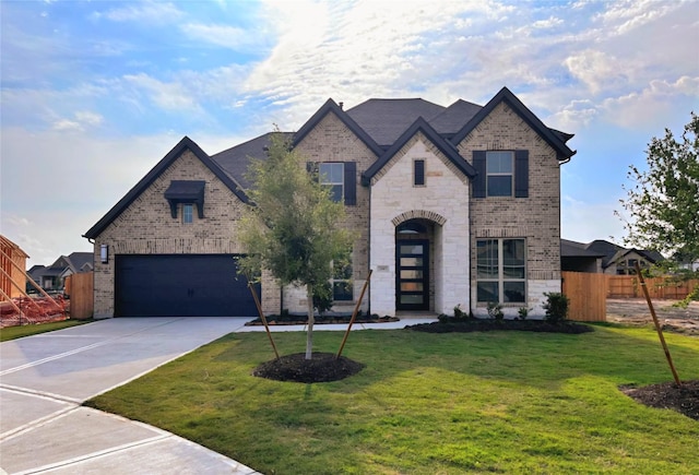 view of front of property with a front lawn and a garage