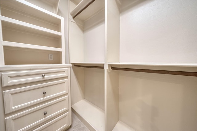 spacious closet featuring light colored carpet