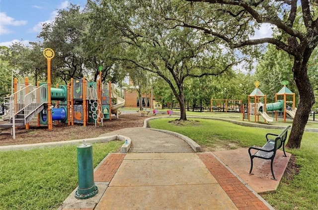 view of jungle gym featuring a yard