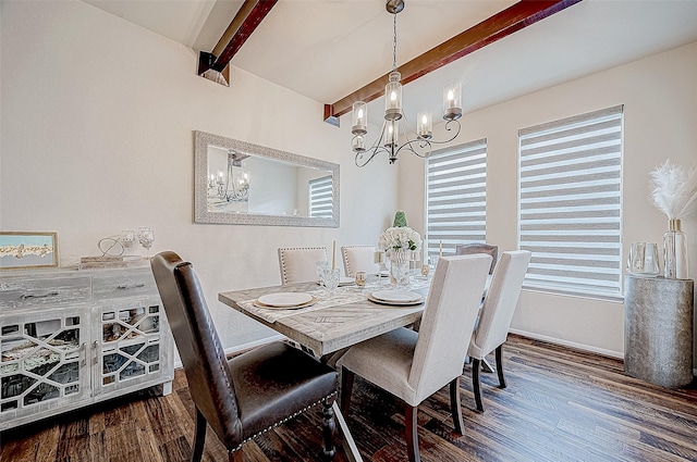 dining space featuring beam ceiling, dark hardwood / wood-style floors, and a notable chandelier