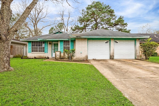 ranch-style house with a garage and a front lawn