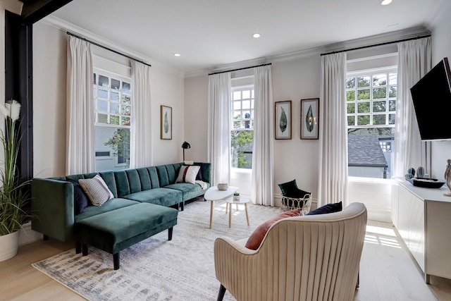 living room with light hardwood / wood-style floors and ornamental molding